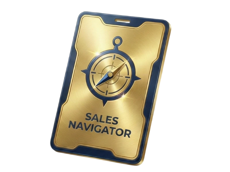 3D gold software box for LinkedIn Sales Navigator Core subscription featuring a compass icon and navy details.